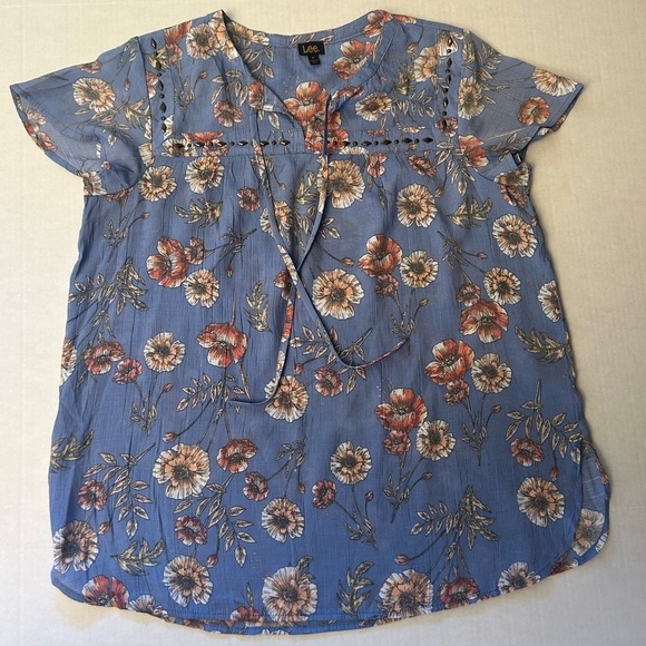 Lee Blue Floral Blouse top with Tie Front Sz-M. B1 - Picture 4 of 8